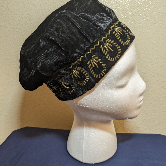 Vintage Velvety Renaissance Muffin Hat with Gold Beaded Accents - Picture 3 of 8